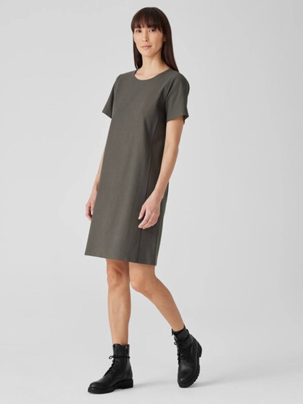 Eileen Fisher Washable Stretch Crepe Jewel Neck Dress Olive Green Short Sleeve S
